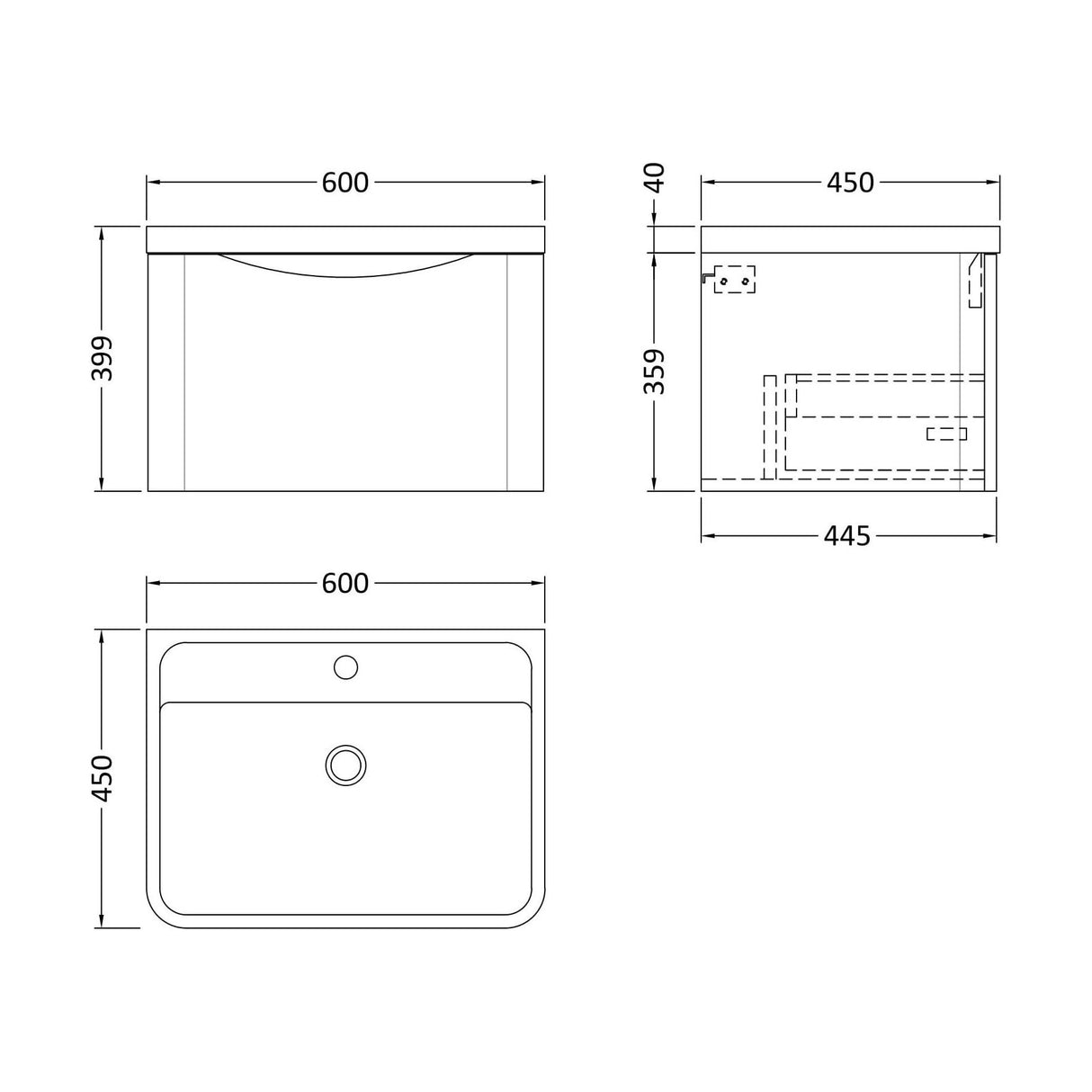 [BFAC1405] Balterley Arch Wall Hung 1 Drawer Bathroom Vanity Unit & Polymarble Basin, Dark Grey, 550mm - Technical Drawing