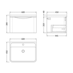 [BFAC1405] Balterley Arch Wall Hung 1 Drawer Bathroom Vanity Unit & Polymarble Basin, Dark Grey, 550mm - Technical Drawing