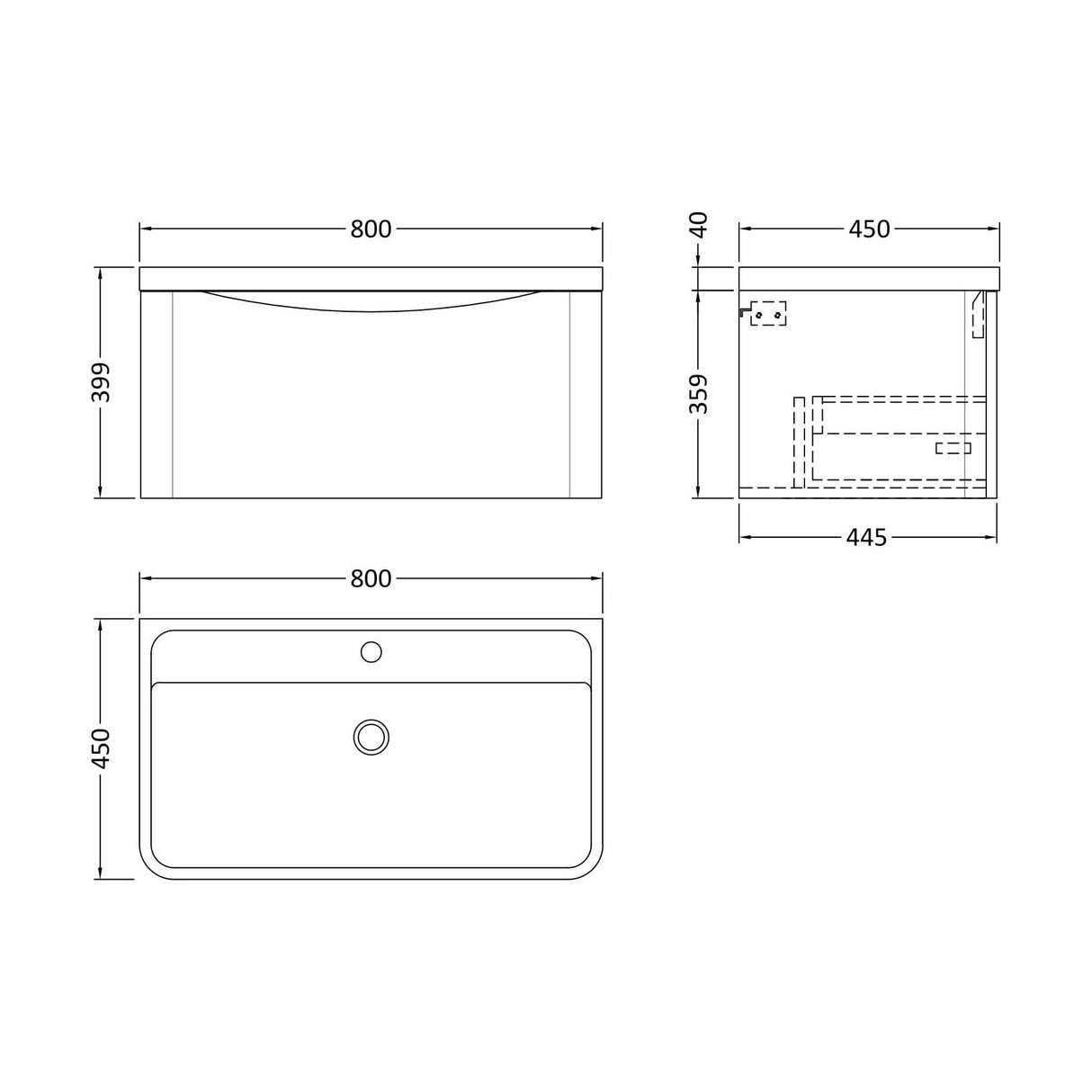 [BFAC1406] Balterley Arch Wall Hung 1 Drawer Bathroom Vanity Unit & Polymarble Basin, Dark Grey, 755mm - Technical Drawing