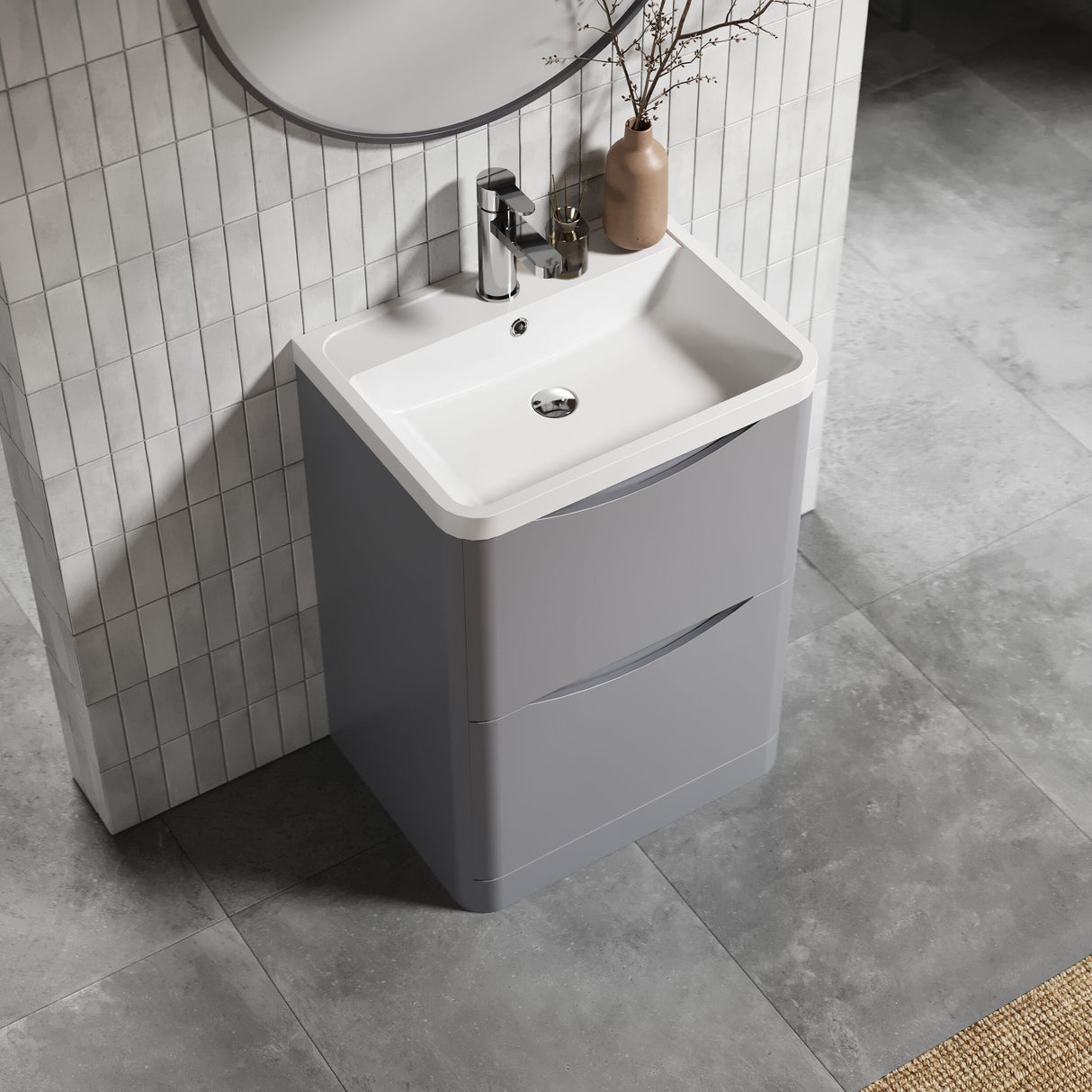 [BFAC201] Balterley Arch Floor Standing 2 Drawer Bathroom Vanity Unit & Polymarble Basin, Satin Grey, 550mm - Lifestyle 2