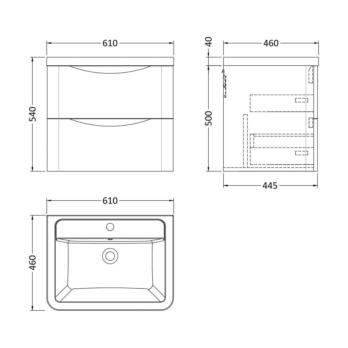 [BFAC202A] Dunwood Contemporary 2 Drawer Wall Hung Vanity Unit with Basin, Satin Grey, 600mm - Technical Drawing