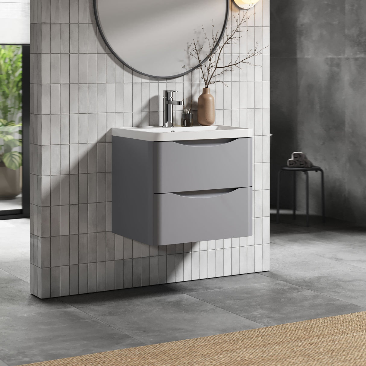 [BFAC202] Balterley Arch Wall Hung 2 Drawer Bathroom Vanity Unit & Polymarble Basin, Satin Grey, 550mm - Lifestyle 3