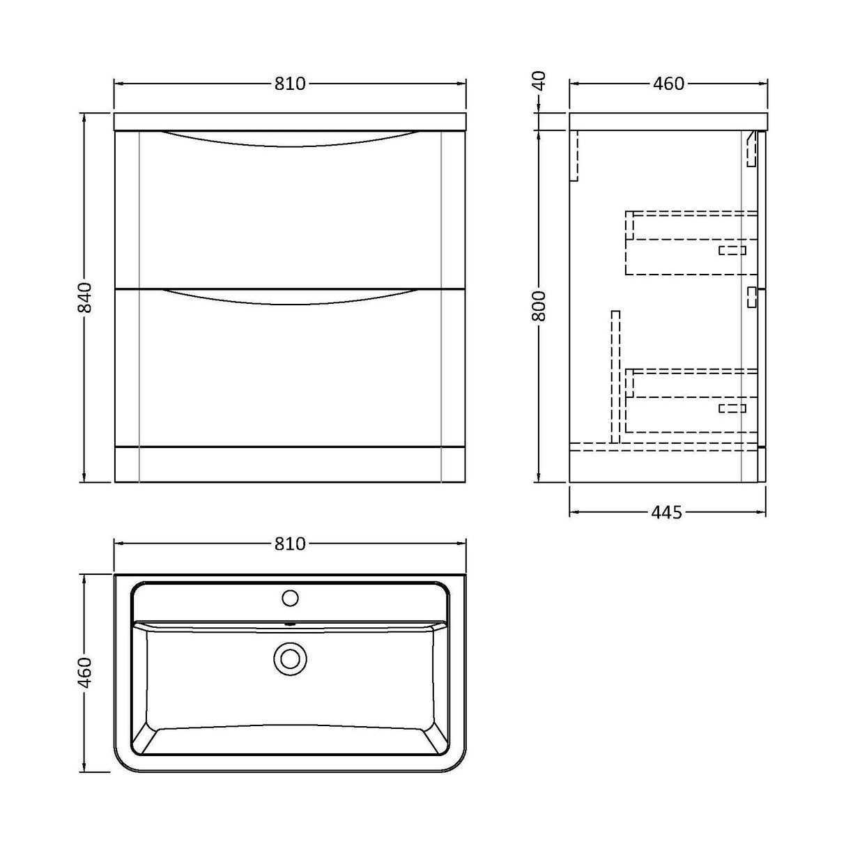 [BFAC203A] Dunwood Contemporary 2 Drawer Floor Standing Vanity Unit with Basin, Satin Grey, 800mm - Technical Drawing