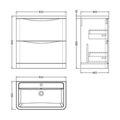 [BFAC203A] Dunwood Contemporary 2 Drawer Floor Standing Vanity Unit with Basin, Satin Grey, 800mm - Technical Drawing