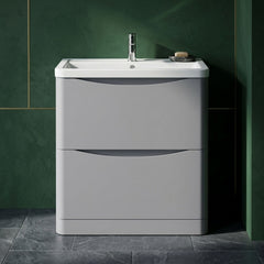 [BFAC203A] Dunwood Contemporary 2 Drawer Floor Standing Vanity Unit with Basin, Satin Grey, 800mm - Silo