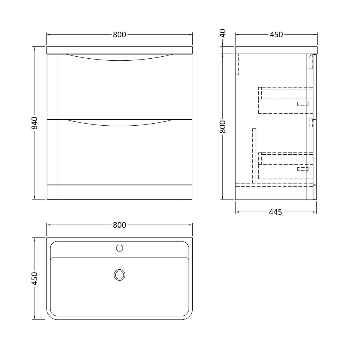 [BFAC203] Balterley Arch Floor Standing 2 Drawer Bathroom Vanity Unit & Polymarble Basin, Satin Grey, 755mm - Technical Drawing