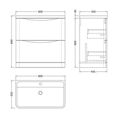 [BFAC203] Balterley Arch Floor Standing 2 Drawer Bathroom Vanity Unit & Polymarble Basin, Satin Grey, 755mm - Technical Drawing