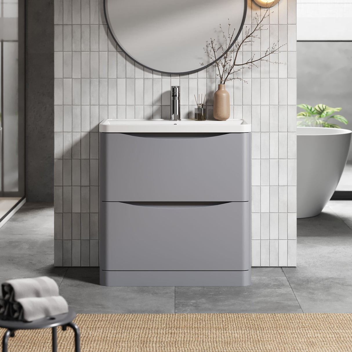 [BFAC203] Balterley Arch Floor Standing 2 Drawer Bathroom Vanity Unit & Polymarble Basin, Satin Grey, 755mm - Lifestyle 1