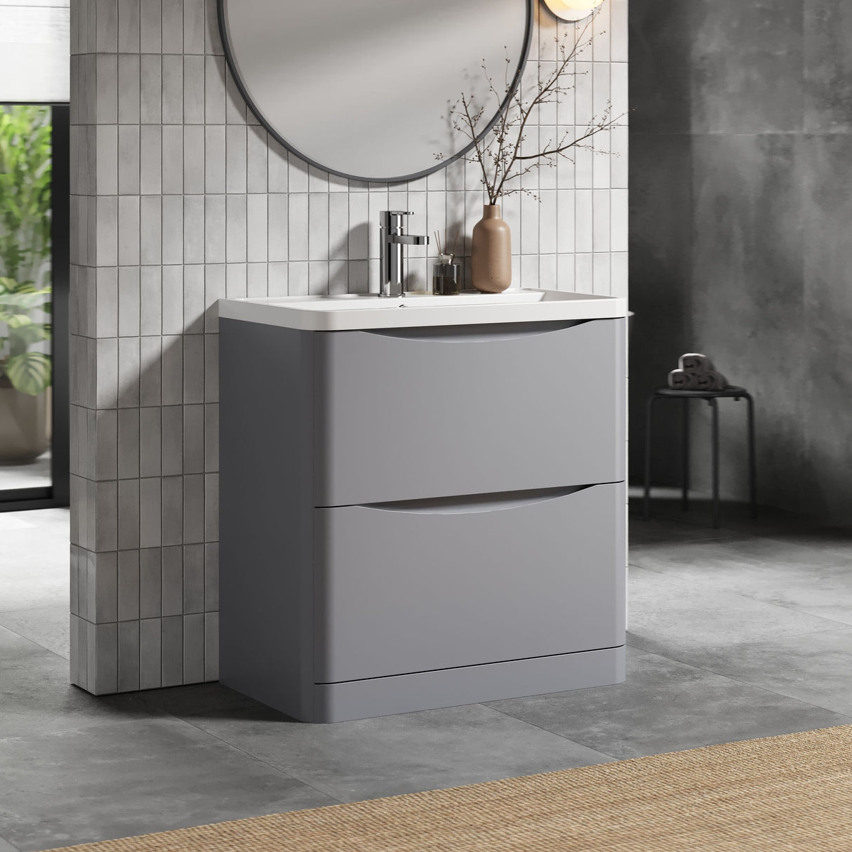 [BFAC203] Balterley Arch Floor Standing 2 Drawer Bathroom Vanity Unit & Polymarble Basin, Satin Grey, 755mm - Lifestyle 3