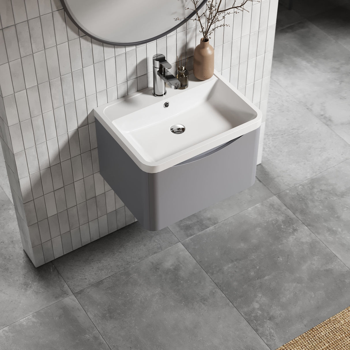 [BFAC205] Balterley Arch Wall Hung 1 Drawer Bathroom Vanity Unit & Polymarble Basin, Satin Grey, 550mm - Lifestyle 2