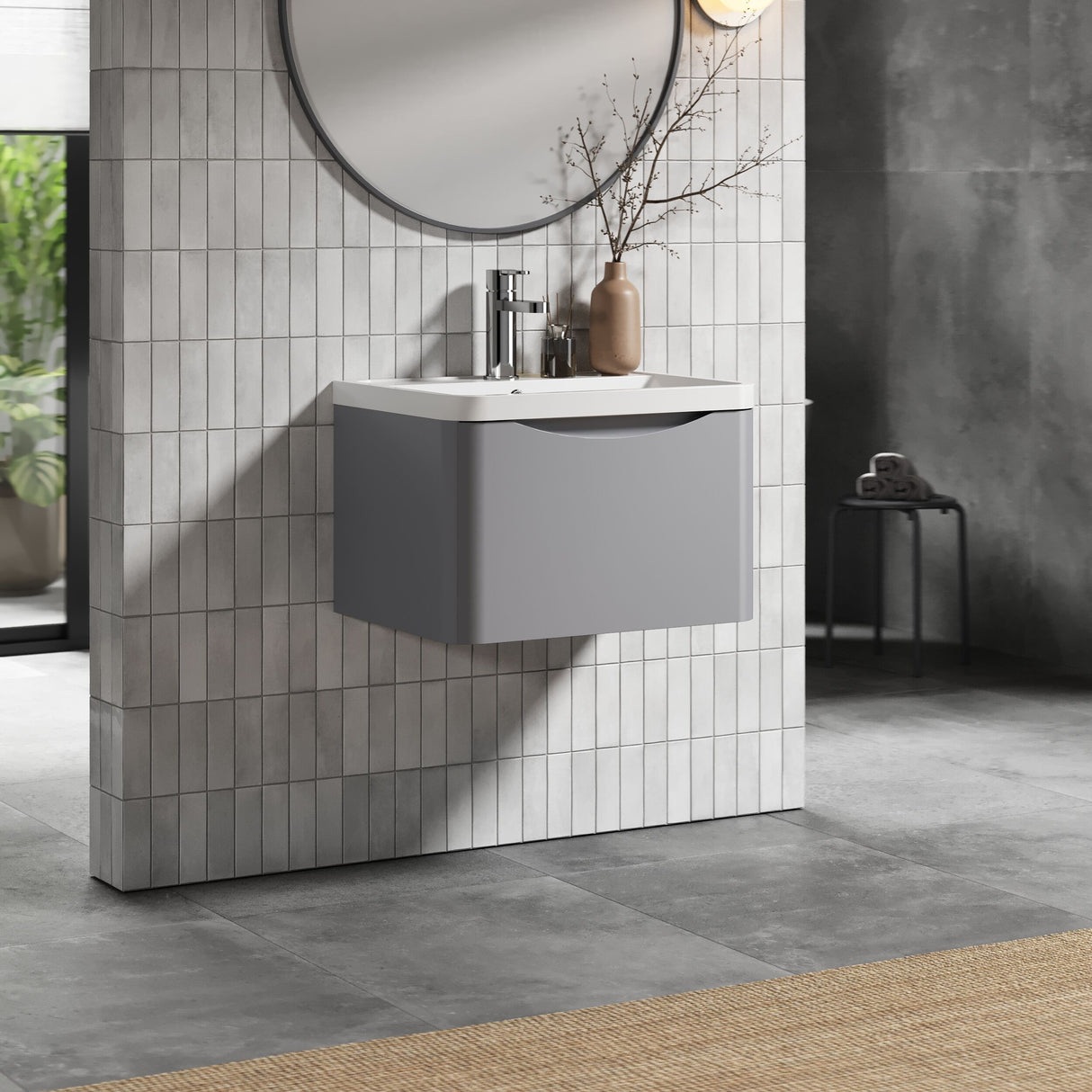 [BFAC205] Balterley Arch Wall Hung 1 Drawer Bathroom Vanity Unit & Polymarble Basin, Satin Grey, 550mm - Lifestyle 3