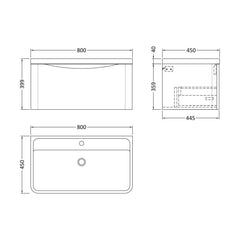 [BFAC206] Dunwood Wall Hung 1 Drawer Vanity Unit with Polymarble Basin, Choice of Size and Colour - Technical Drawing