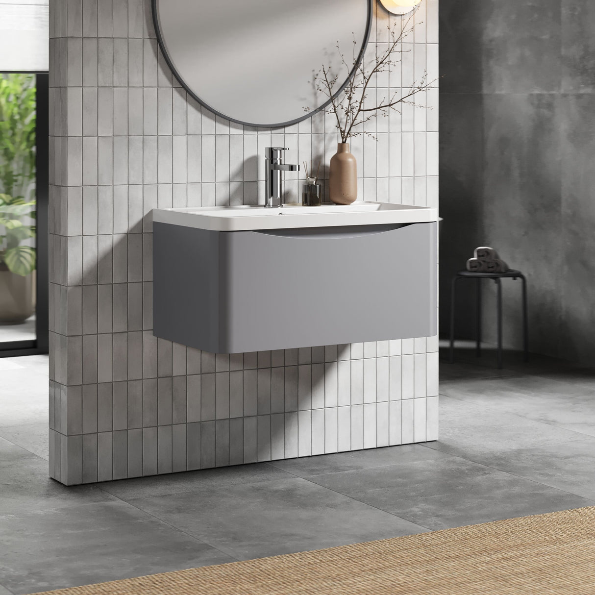 [BFAC206] Balterley Arch Wall Hung 1 Drawer Bathroom Vanity Unit & Polymarble Basin, Satin Grey, 755mm - Lifestyle 3