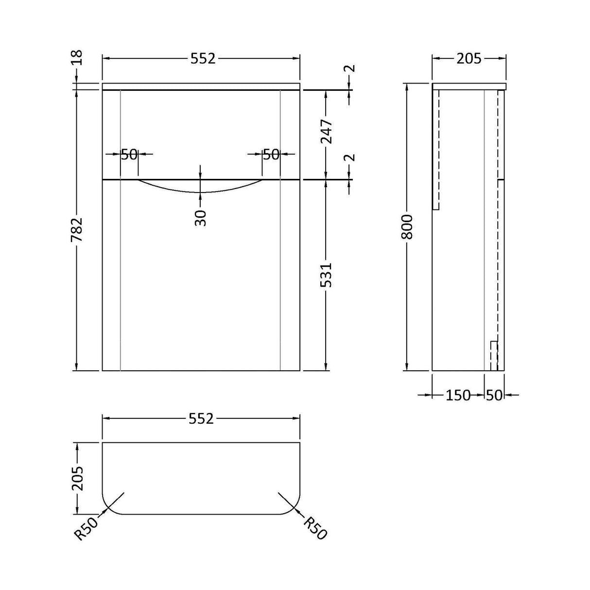 [BFAC241] Balterley Arch Modern Bathroom Floor Standing Concealed Cistern Toilet Unit, Satin Grey, 550mm - Technical Drawing