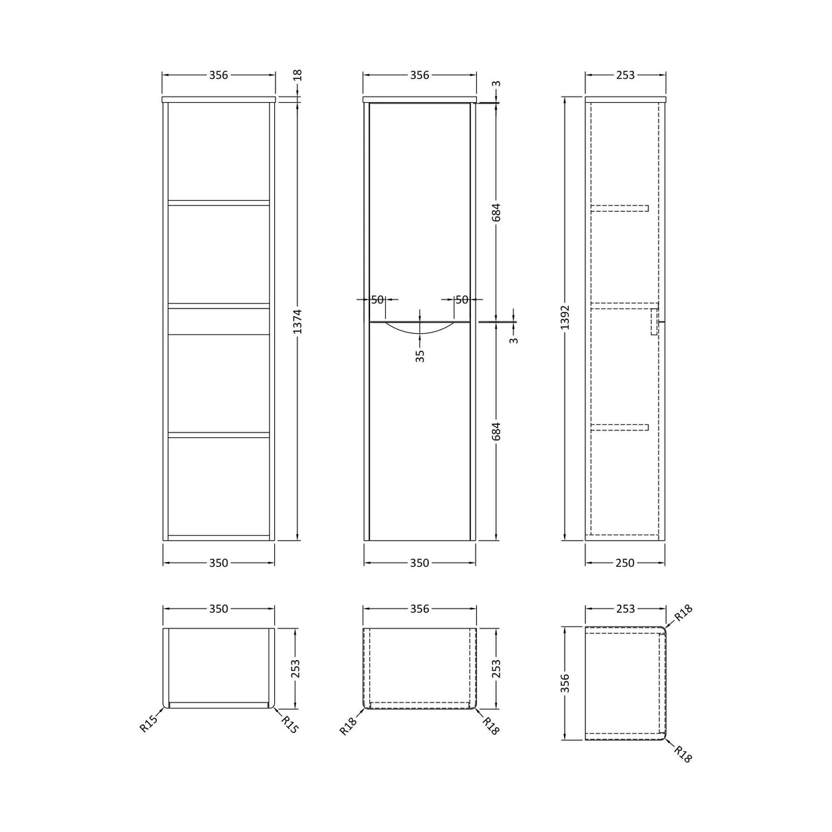 [BFAC262] Balterley Arch Modern Bathroom 1 Soft Close Door Wall Hung Tall Cabinet, Satin Grey, 356mm - Technical Drawing