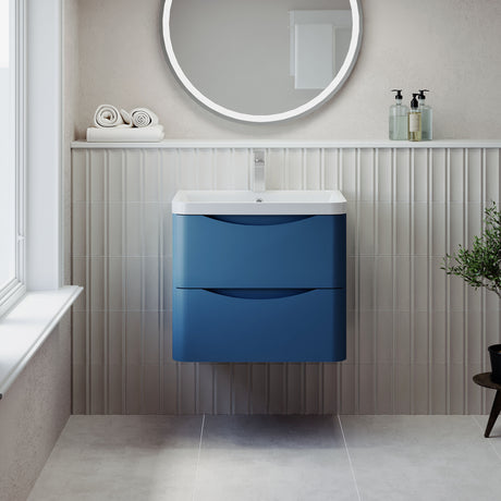[BFAC302] Balterley Arch Wall Hung 2 Drawer Bathroom Vanity Unit & Polymarble Basin, Satin Blue, 550mm - Lifestyle 1