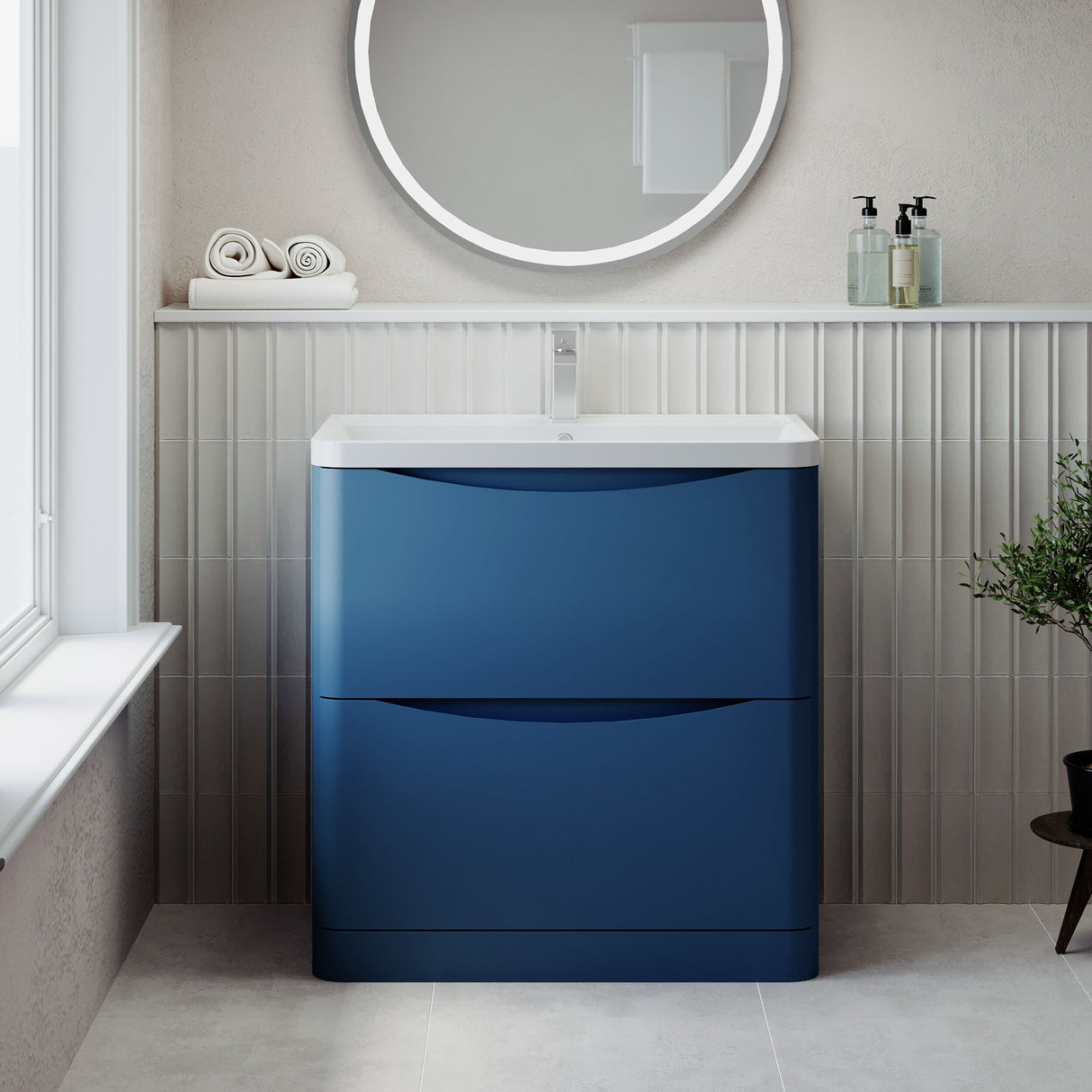 [BFAC303] Balterley Arch Floor Standing 2 Drawer Bathroom Vanity Unit & Polymarble Basin, Satin Blue, 755mm - Lifestyle 1