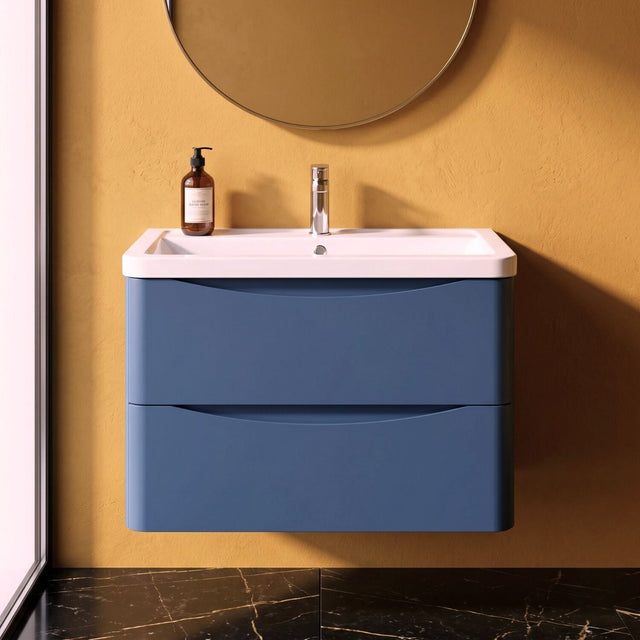 [BFAC304A] Dunwood Contemporary 2 Drawer Wall Hung Vanity Unit with Basin, Satin Blue, 800mm - Silo