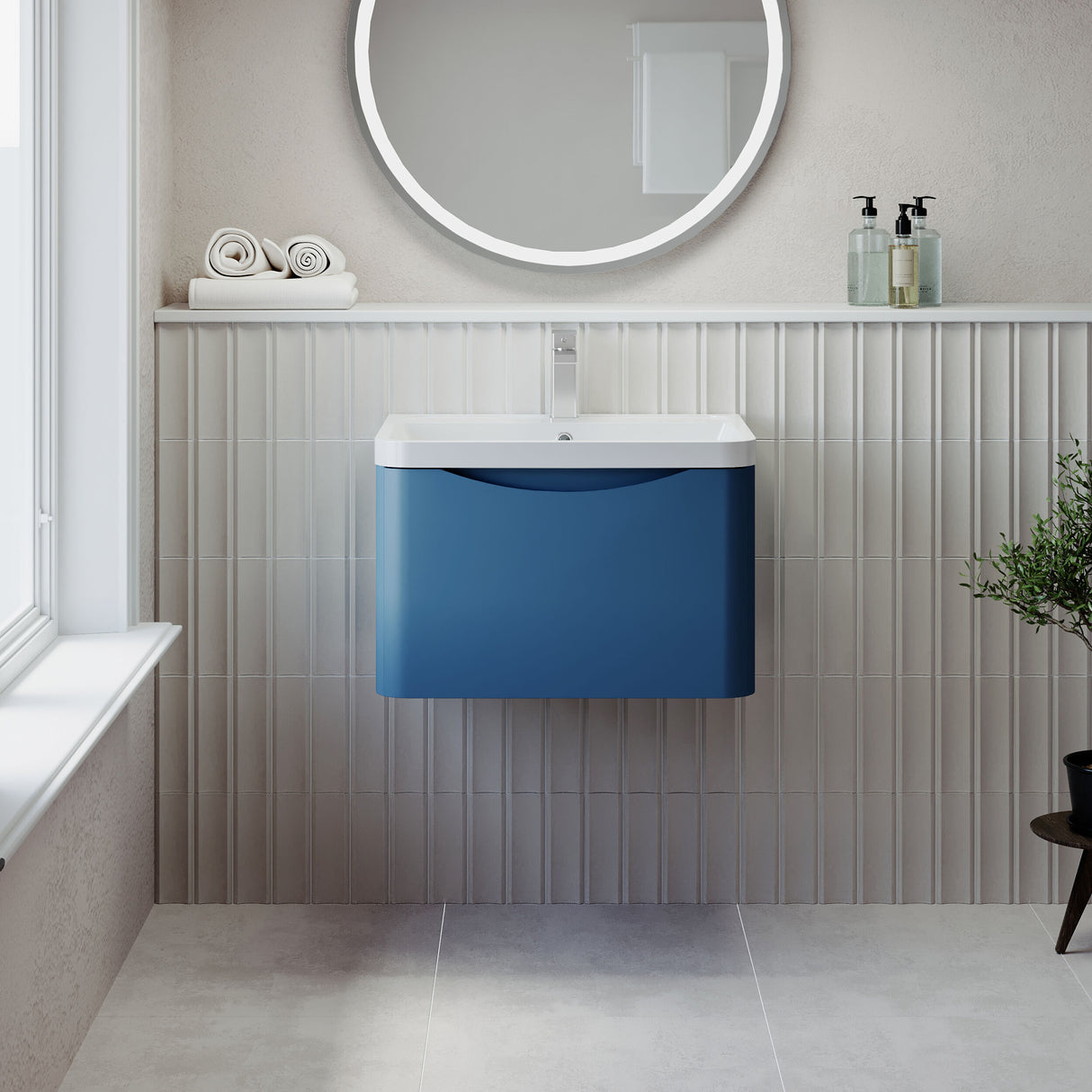[BFAC305] Balterley Arch Wall Hung 1 Drawer Bathroom Vanity Unit & Polymarble Basin, Satin Blue, 550mm - Lifestyle 1