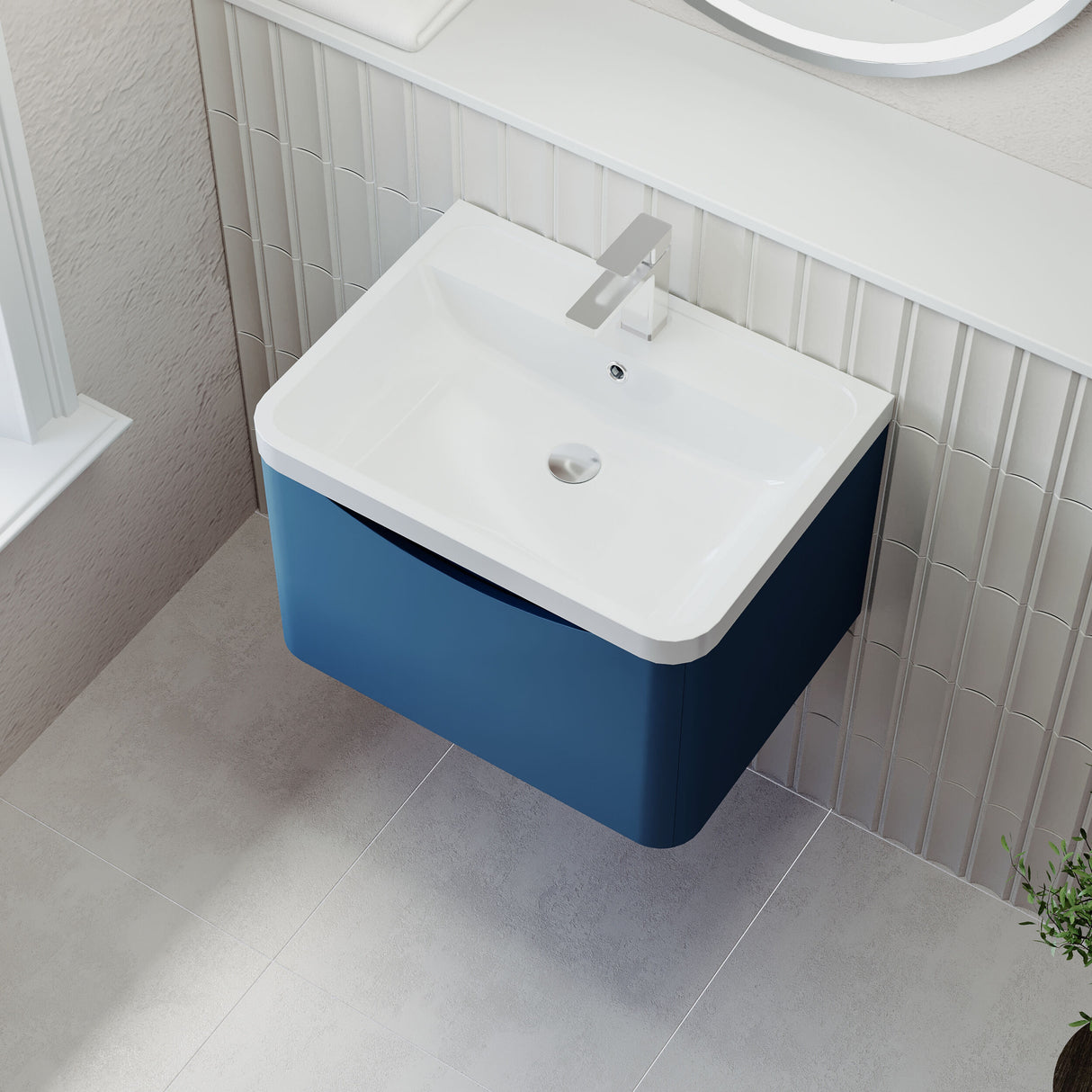 [BFAC305] Balterley Arch Wall Hung 1 Drawer Bathroom Vanity Unit & Polymarble Basin, Satin Blue, 550mm - Lifestyle 2