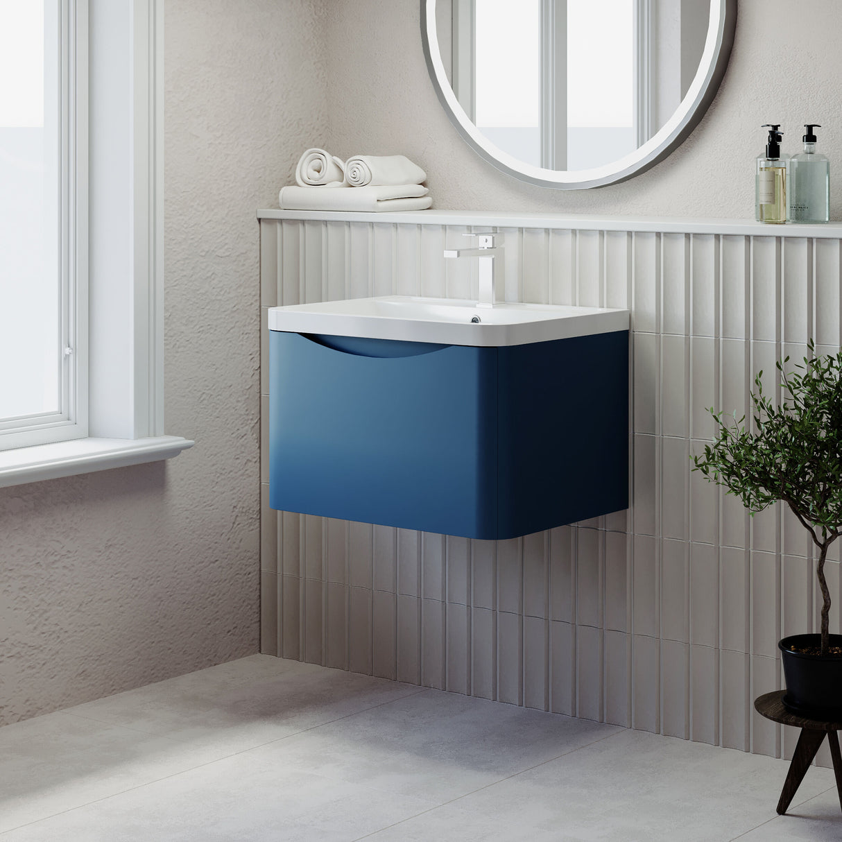 [BFAC305] Balterley Arch Wall Hung 1 Drawer Bathroom Vanity Unit & Polymarble Basin, Satin Blue, 550mm - Lifestyle 3