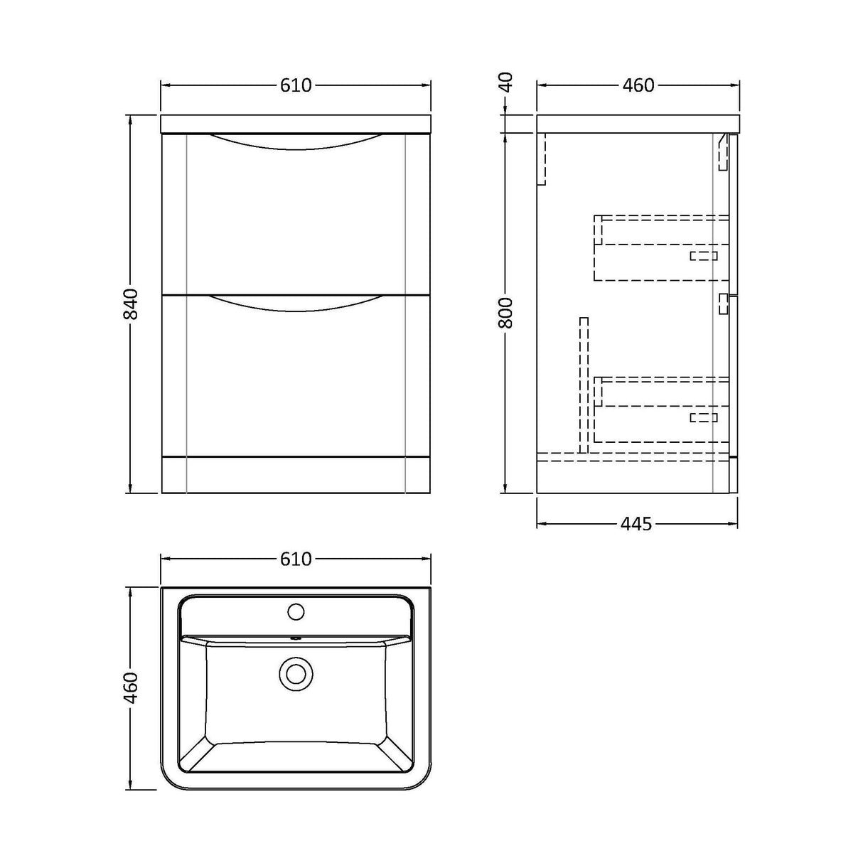 [BFAC801A] Dunwood Contemporary 2 Drawer Floor Standing Vanity Unit with Basin, Satin Green, 600mm - Technical Drawing