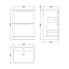 [BFAC801] Balterley Arch Floor Standing 2 Drawer Bathroom Vanity Unit & Polymarble Basin, Satin Green, 550mm - Technical Drawing