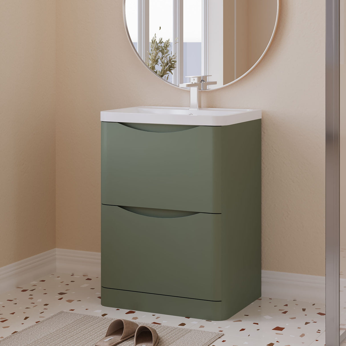 [BFAC801] Balterley Arch Floor Standing 2 Drawer Bathroom Vanity Unit & Polymarble Basin, Satin Green, 550mm - Lifestyle 3