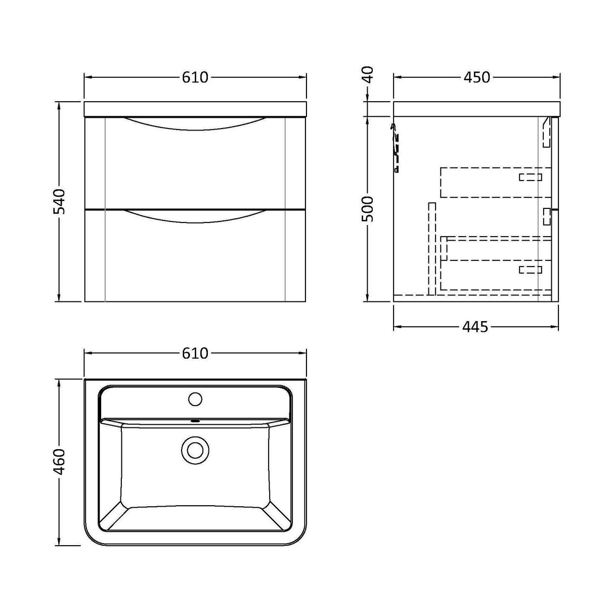 [BFAC802A] Dunwood Contemporary 2 Drawer Wall Hung Vanity Unit with Basin, Satin Green, 600mm - Technical Drawing