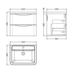 [BFAC802A] Dunwood Contemporary 2 Drawer Wall Hung Vanity Unit with Basin, Satin Green, 600mm - Technical Drawing