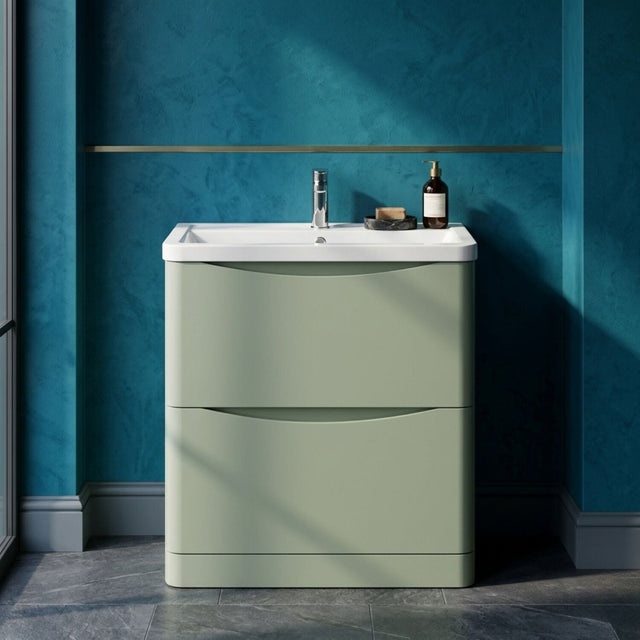 [BFAC803A] Dunwood Contemporary 2 Drawer Floor Standing Vanity Unit with Basin, Satin Green, 800mm - Silo