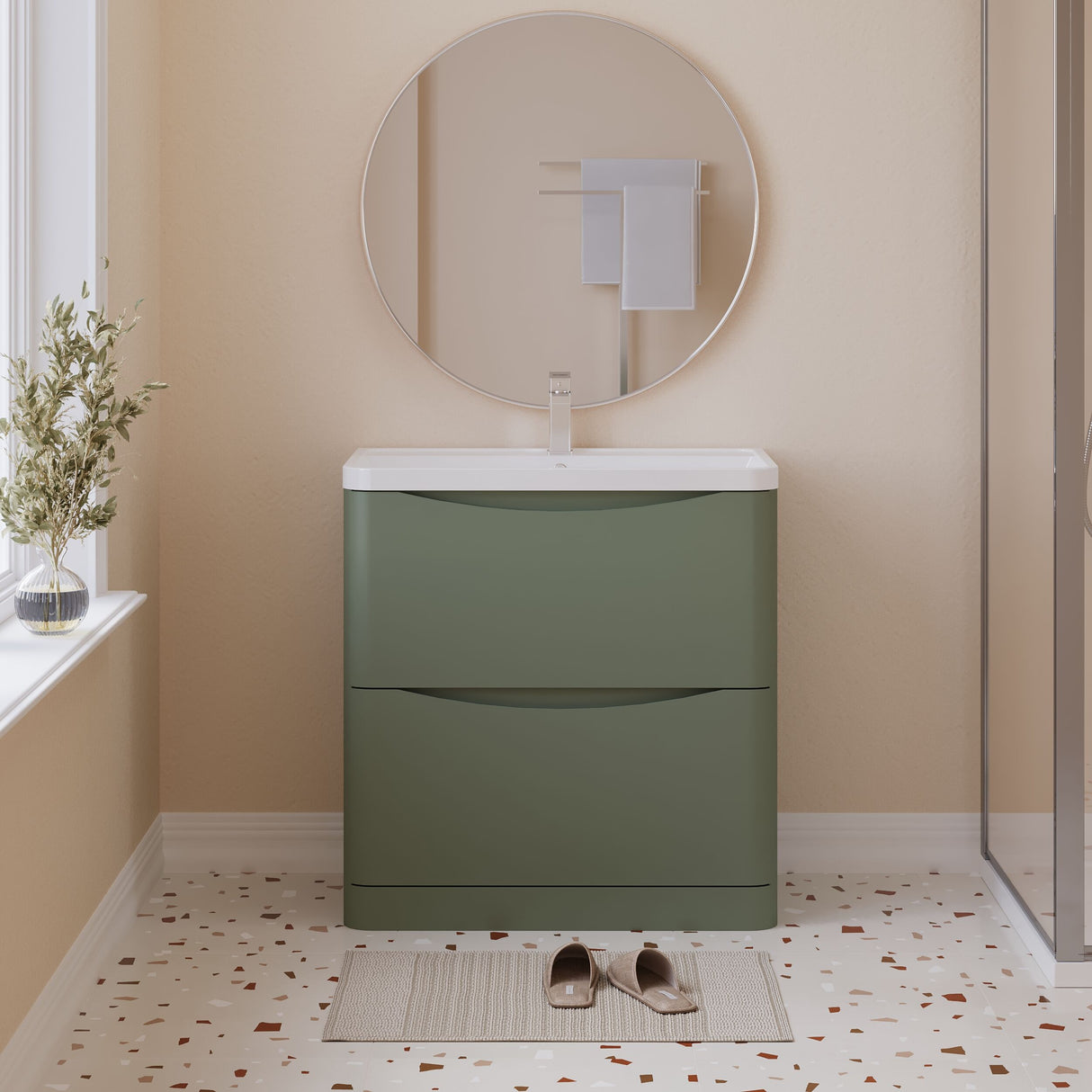 [BFAC803] Balterley Arch Floor Standing 2 Drawer Bathroom Vanity Unit & Polymarble Basin, Satin Green, 755mm - Lifestyle 1