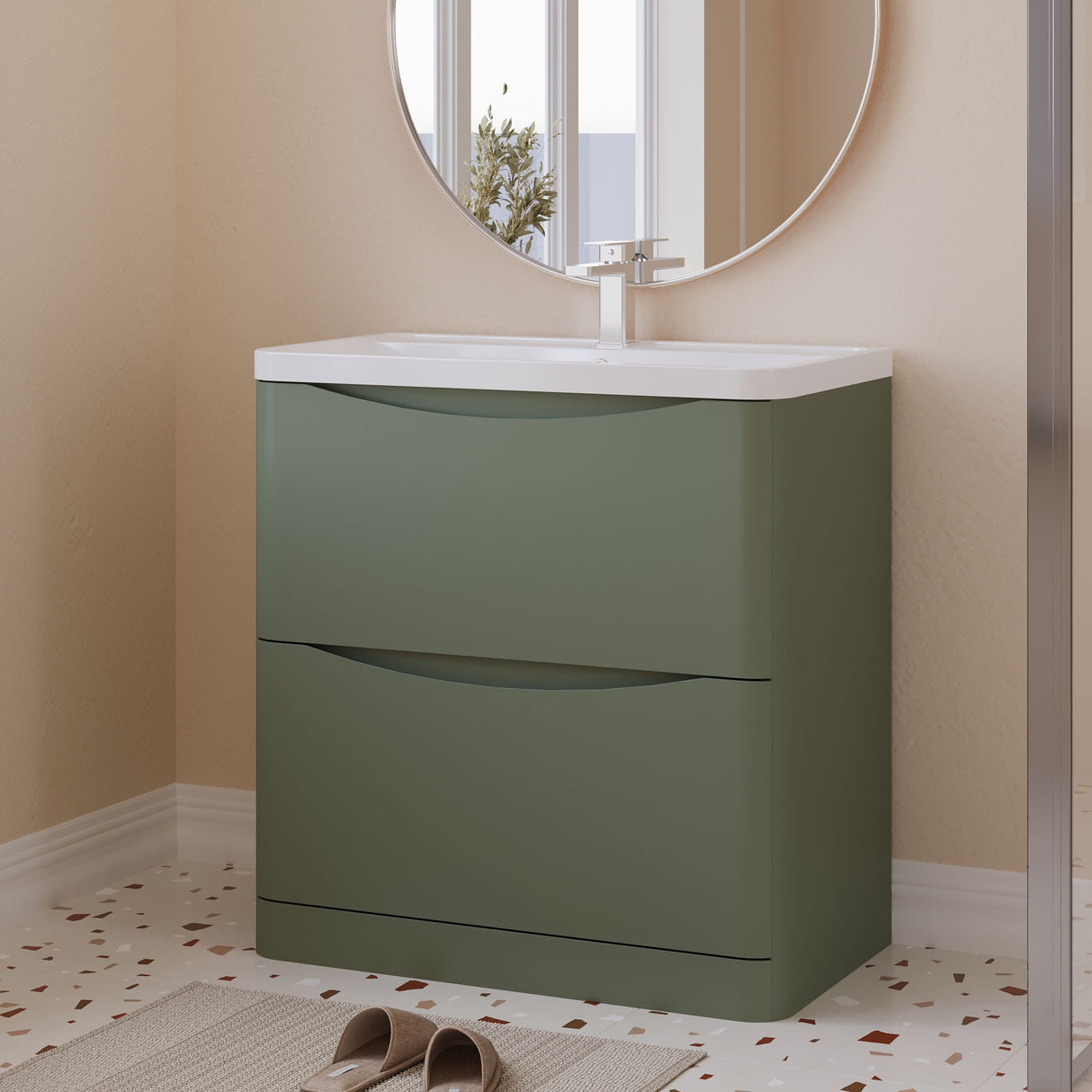 [BFAC803] Balterley Arch Floor Standing 2 Drawer Bathroom Vanity Unit & Polymarble Basin, Satin Green, 755mm - Lifestyle 3