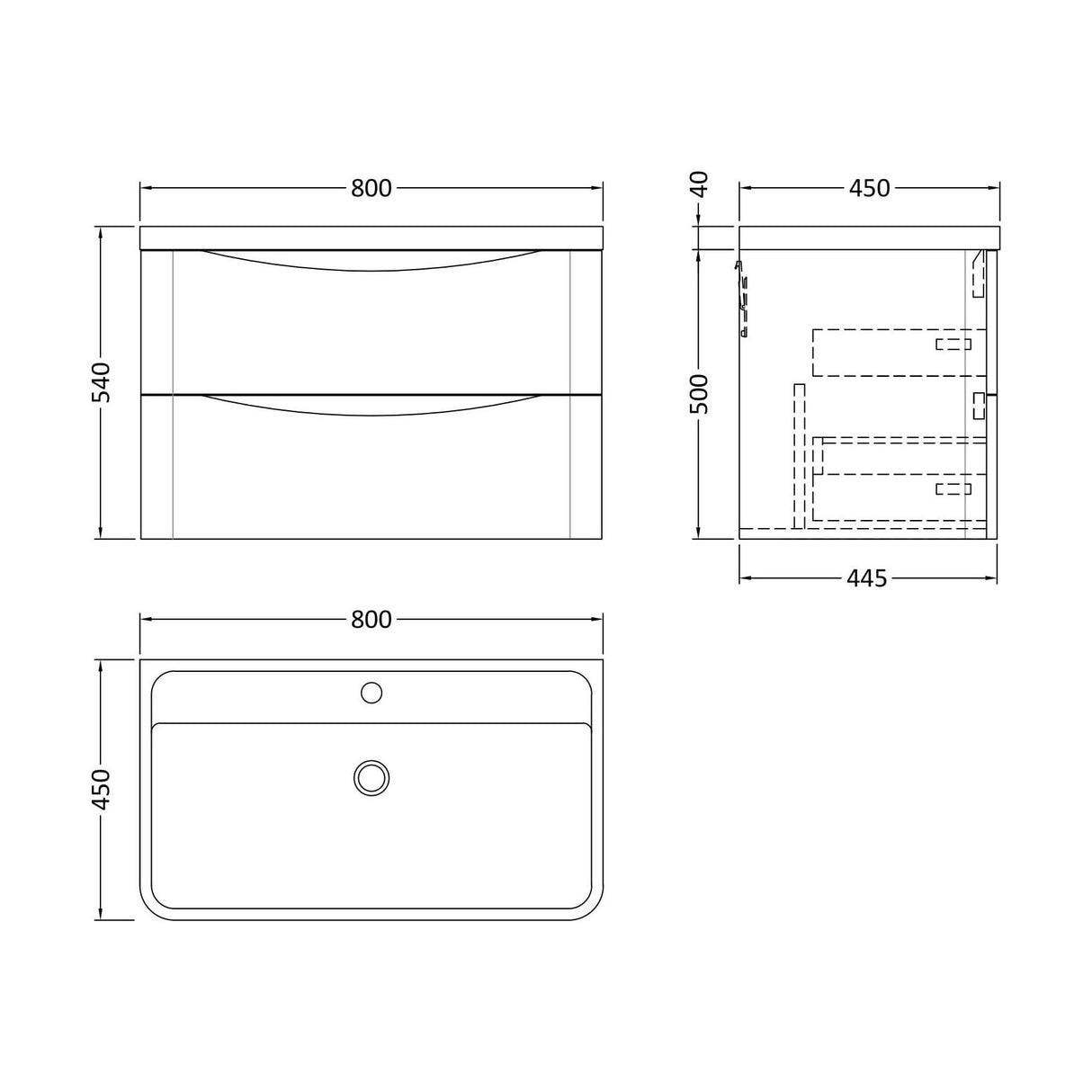 [BFAC804] Balterley Arch Wall Hung 2 Drawer Bathroom Vanity Unit & Polymarble Basin, Satin Green, 755mm - Technical Drawing