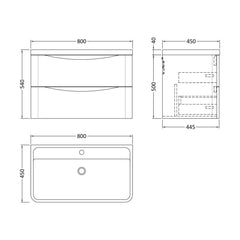 [BFAC804] Balterley Arch Wall Hung 2 Drawer Bathroom Vanity Unit & Polymarble Basin, Satin Green, 755mm - Technical Drawing