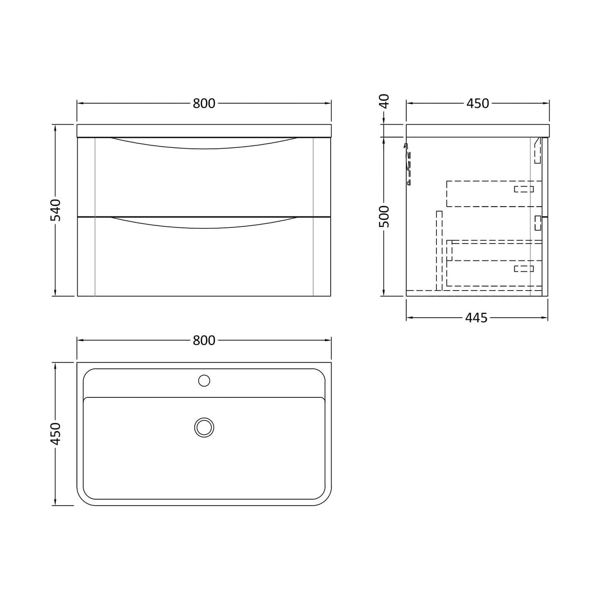 [BFAC804] Dunwood Wall Hung 2 Drawer Vanity Unit with Polymarble Basin, Choice of Size and Colour - Technical Drawing