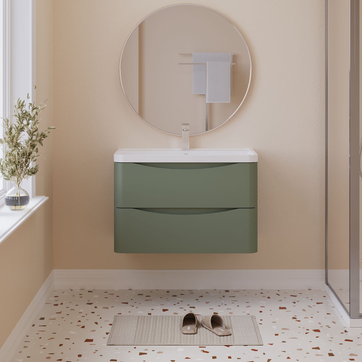 [BFAC804] Balterley Arch Wall Hung 2 Drawer Bathroom Vanity Unit & Polymarble Basin, Satin Green, 755mm - Lifestyle 1