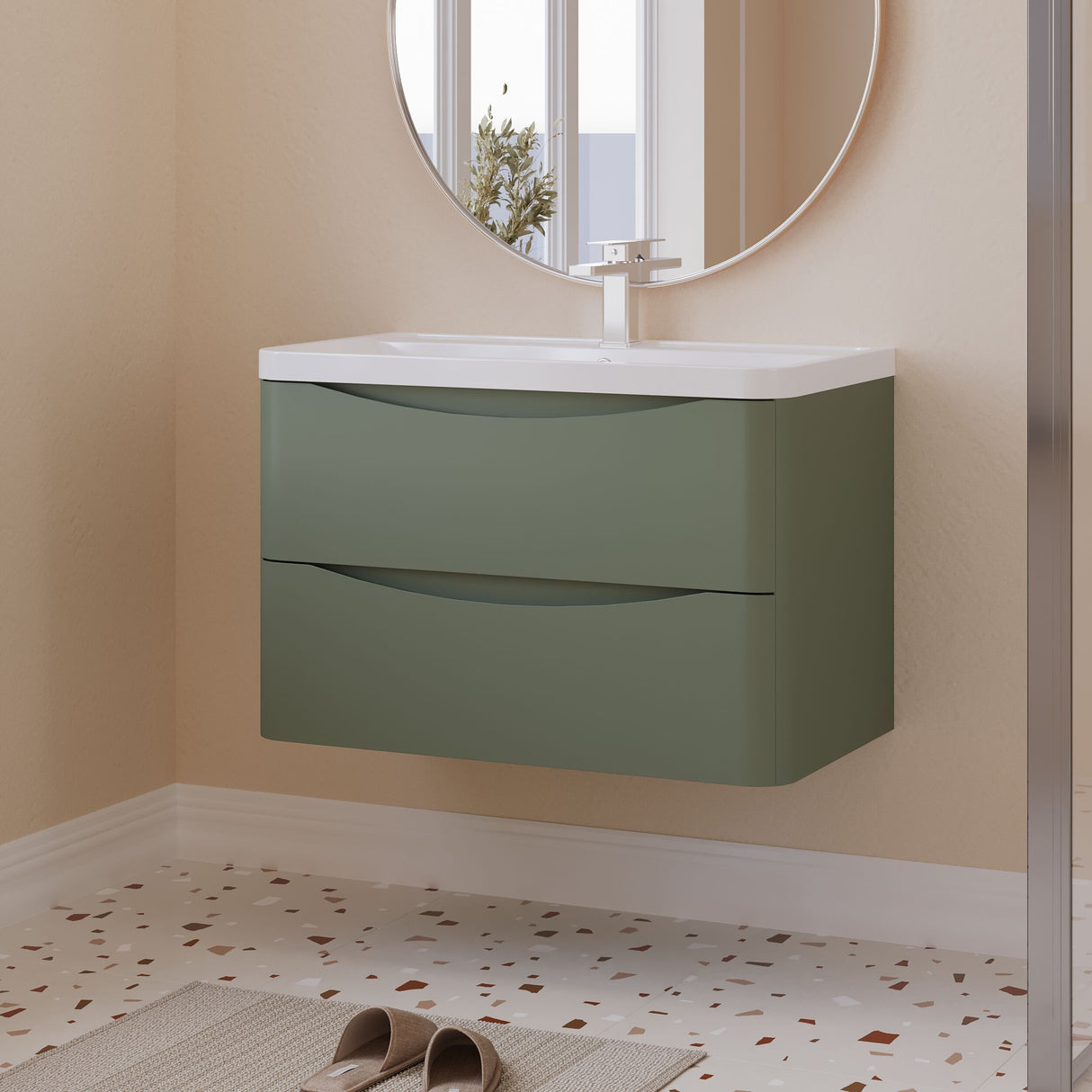 [BFAC804] Balterley Arch Wall Hung 2 Drawer Bathroom Vanity Unit & Polymarble Basin, Satin Green, 755mm - Lifestyle 3