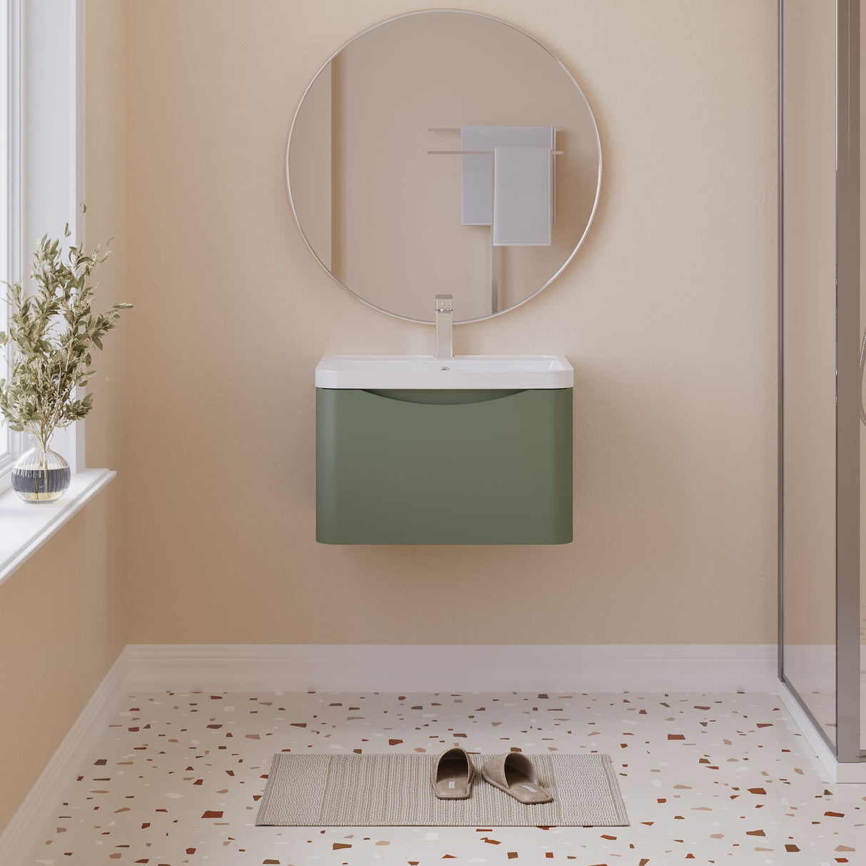 [BFAC805] Balterley Arch Wall Hung 1 Drawer Bathroom Vanity Unit & Polymarble Basin, Satin Green, 550mm - Lifestyle 1
