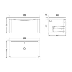 [BFAC806] Balterley Arch Bathroom Wall Hung 1 Drawer Vanity Unit & Polymarble Basin, Satin Green, 800mm - Technical Drawing