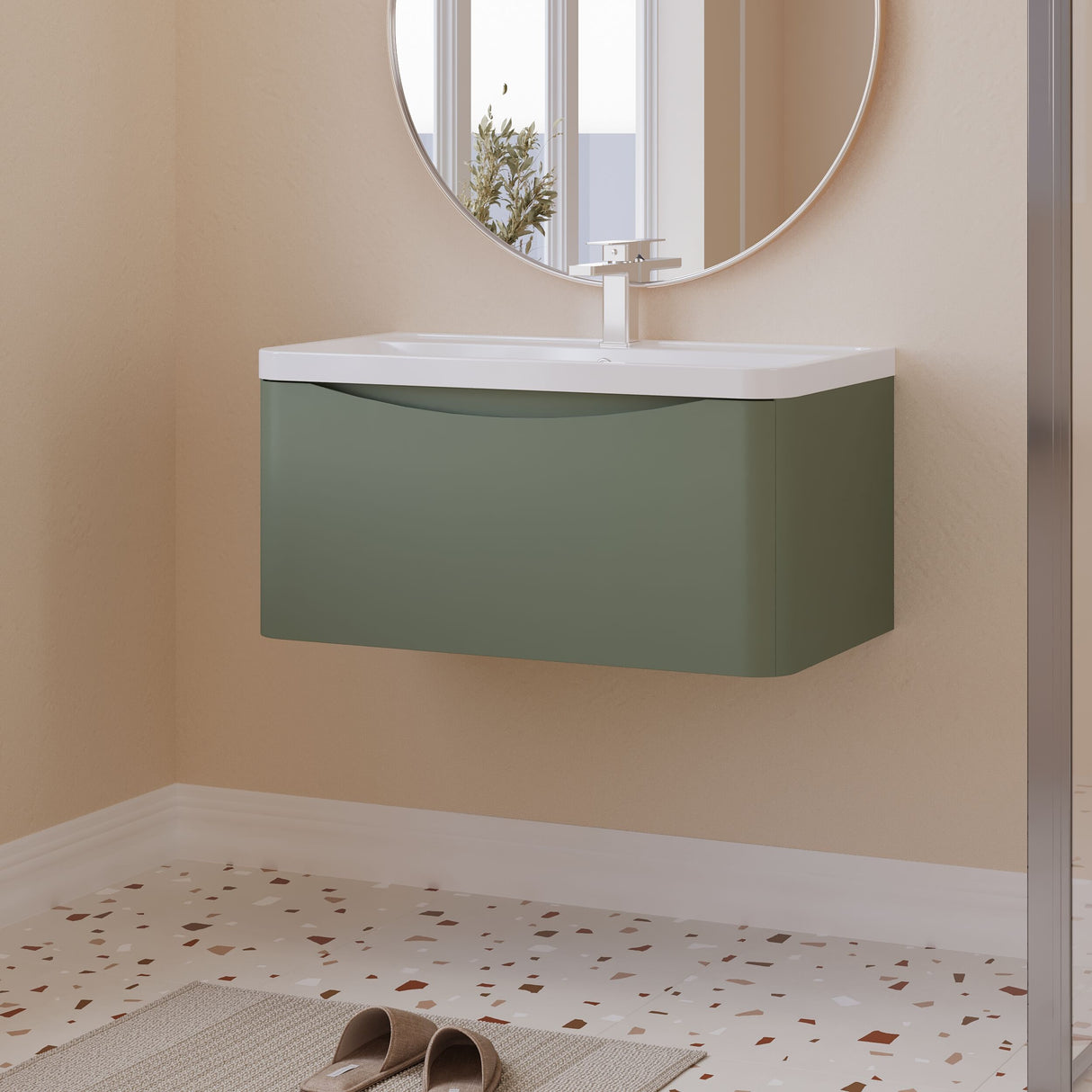[BFAC806] Balterley Arch Bathroom Wall Hung 1 Drawer Vanity Unit & Polymarble Basin, Satin Green, 800mm - Lifestyle 3