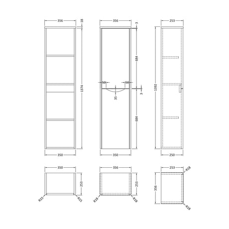 [BFAC862] Balterley Arch Modern Bathroom 1 Soft Close Door Wall Hung Tall Cabinet, Satin Green, 356mm - Technical Drawing