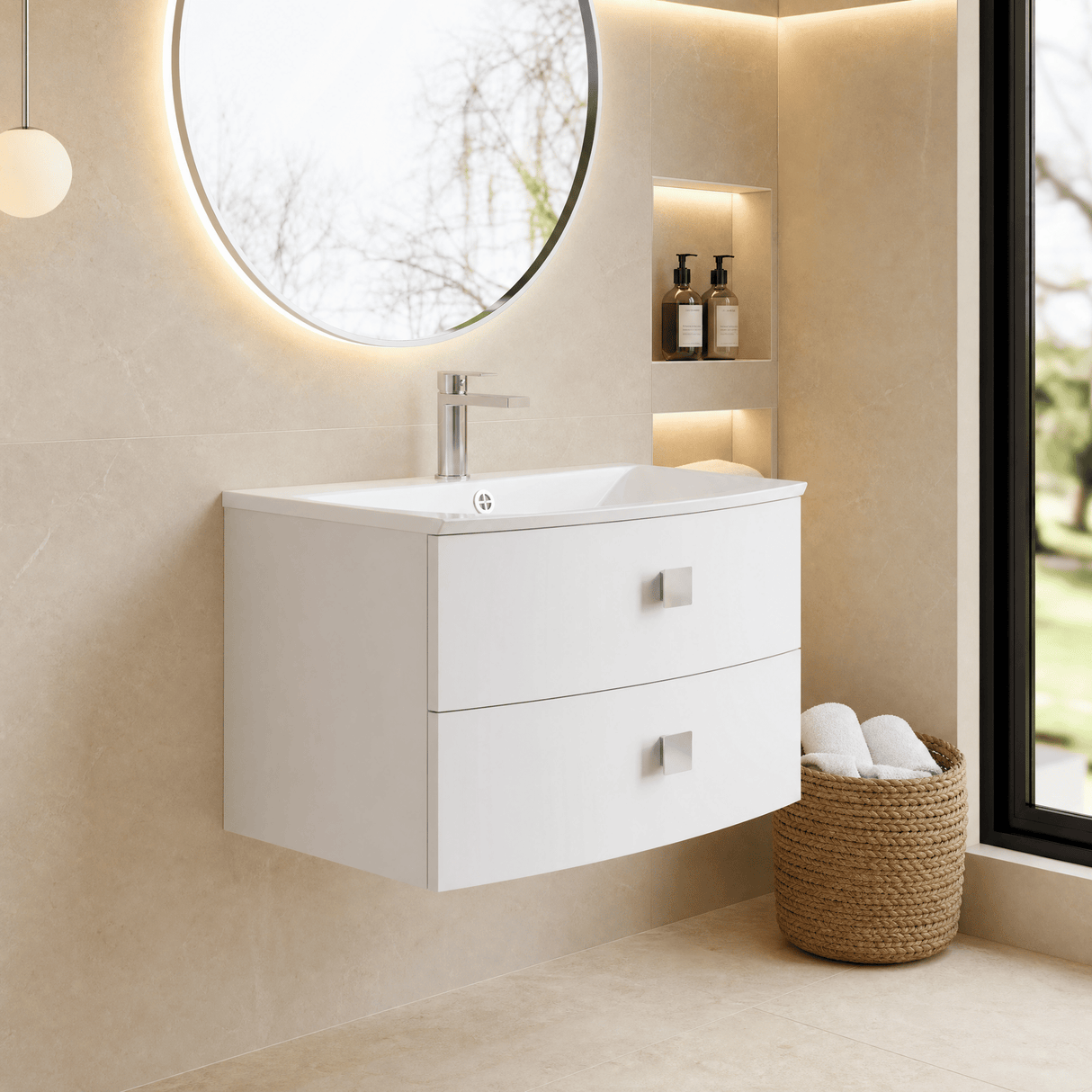 [BFAR101] Gentleshaw Contemporary 2 Drawer Wall Hung Vanity Unit with Curved Basin, 700mm - Choice of Colour
