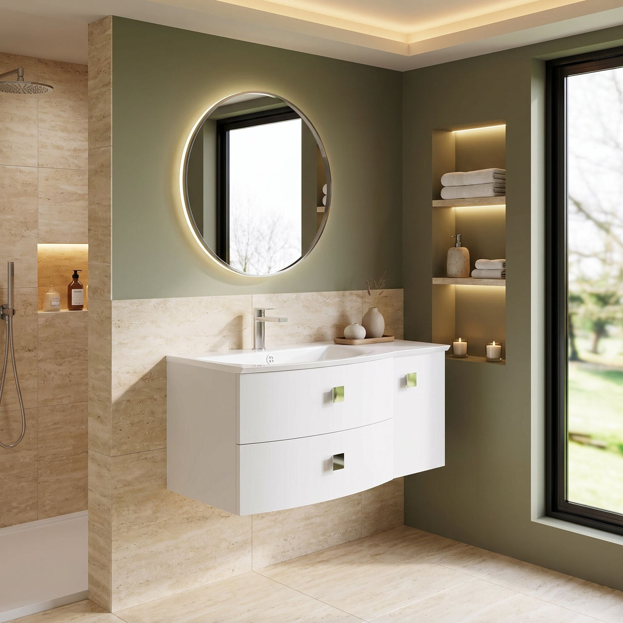 [BFAR102L] Gentleshaw Contemporary 1 Door 2 Drawer Wall Hung Vanity Unit with Curved Basin, 1000mm - Choice of Orientation and Colour