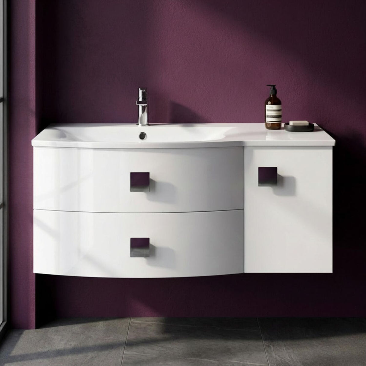 [BFAR102L] Gentleshaw Contemporary 1 Door 2 Drawer Wall Hung Vanity Unit with Curved Basin, 1000mm - Choice of Orientation and Colour - Silo