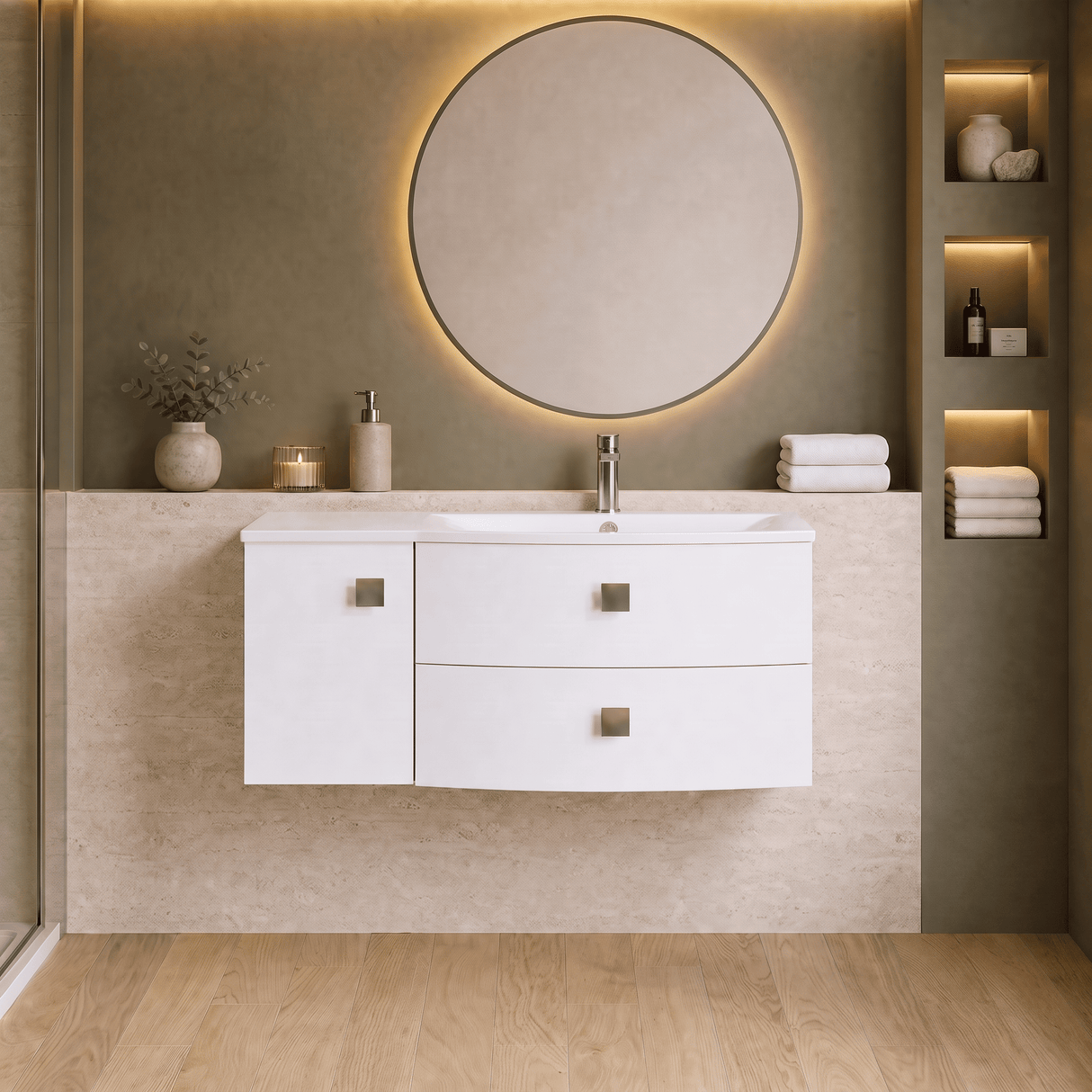 [BFAR102R] Gentleshaw Contemporary 1 Door 2 Drawer Wall Hung Vanity Unit with Curved Basin, 1000mm - Choice of Orientation and Colour