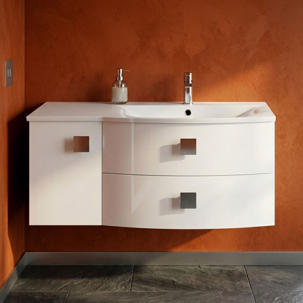 [BFAR102R] Gentleshaw Contemporary 1 Door 2 Drawer Wall Hung Vanity Unit with Curved Basin, 1000mm - Choice of Orientation and Colour - Silo