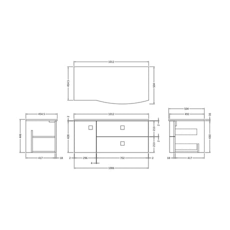 [BFAR103R] Gentleshaw Contemporary 2 Drawer Right-Hand Wall Hung Vanity Unit with White Marble Worktop, Moon White, 1000mm - Technical Drawing