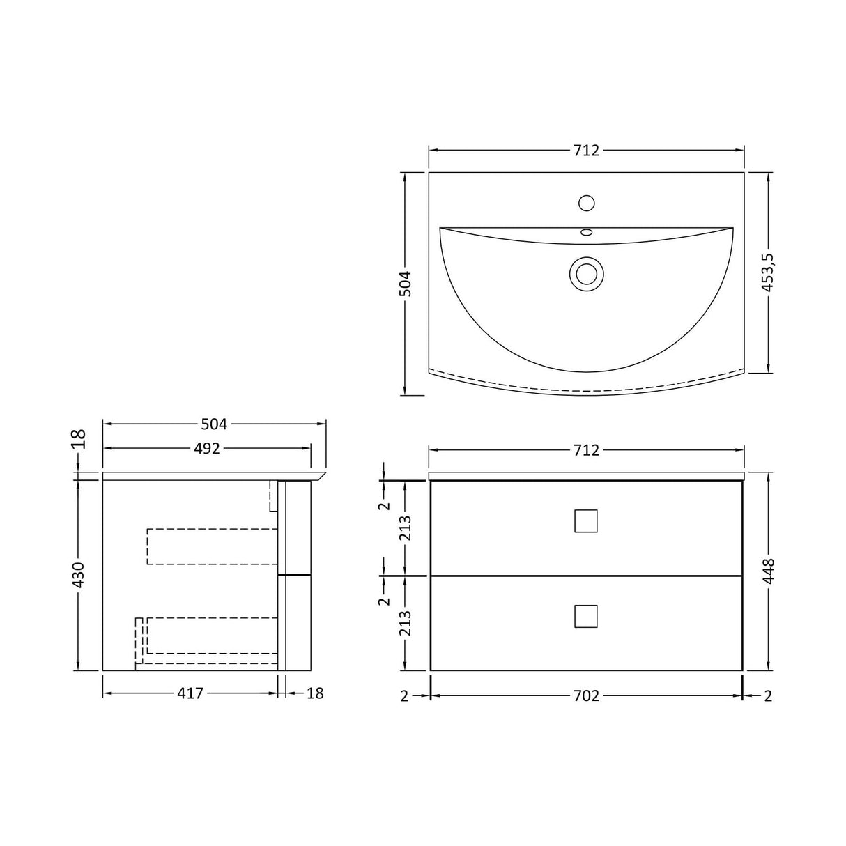 [BFAR201] Gentleshaw Contemporary 2 Drawer Wall Hung Vanity Unit with Curved Basin, 700mm - Choice of Colour - Technical Drawing