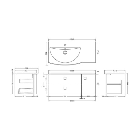 [BFAR202L] Gentleshaw Contemporary 1 Door 2 Drawer Left-Hand Wall Hung Vanity Unit with Curved Basin, Dove Grey, 1000mm - Technical Drawing